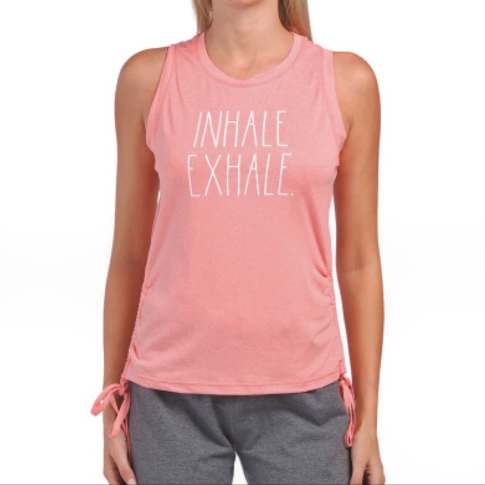 Rae Dunn Tank Top Ruched Sides Salmon Pink Inhale Exhale Sleeveless Yoga Medium